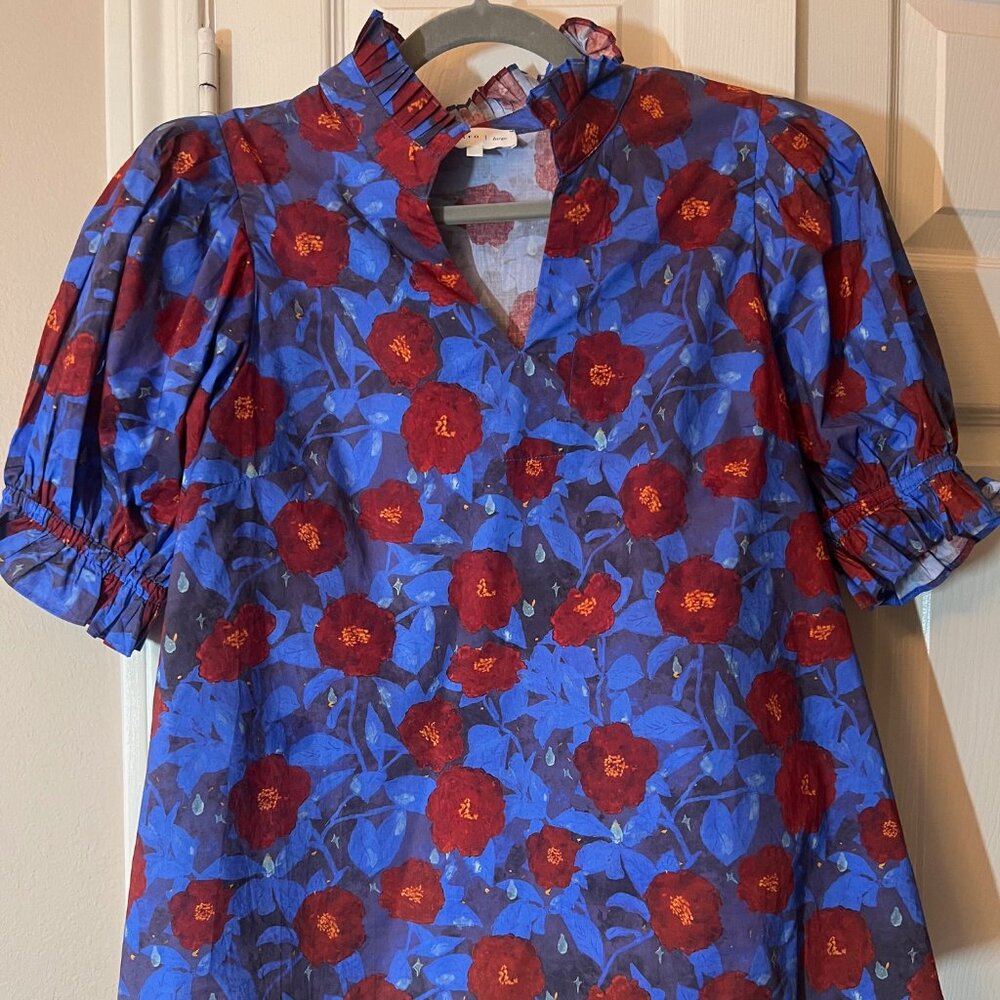 Women's Entro Blue & Red Floral Puff Sleeve Blouse Ruffle Neck Top - Large